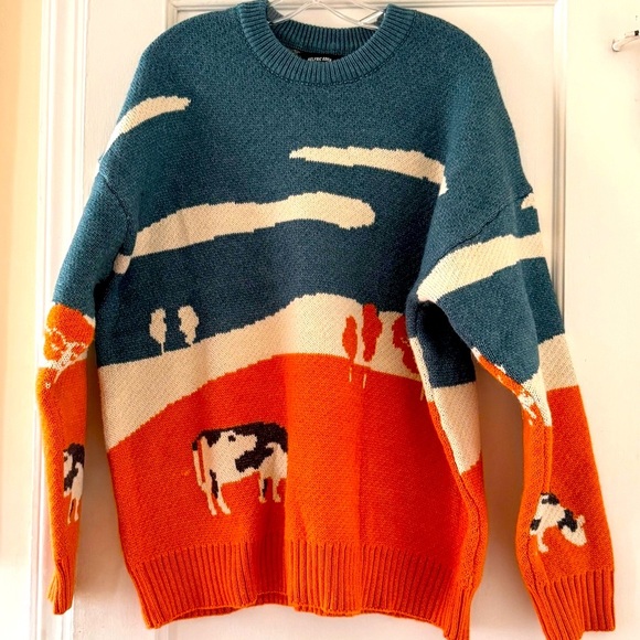 Aelfric Eden Cow In A Pasture Cow Print  Crew Neck Sweater Unisex - Picture 1 of 9
